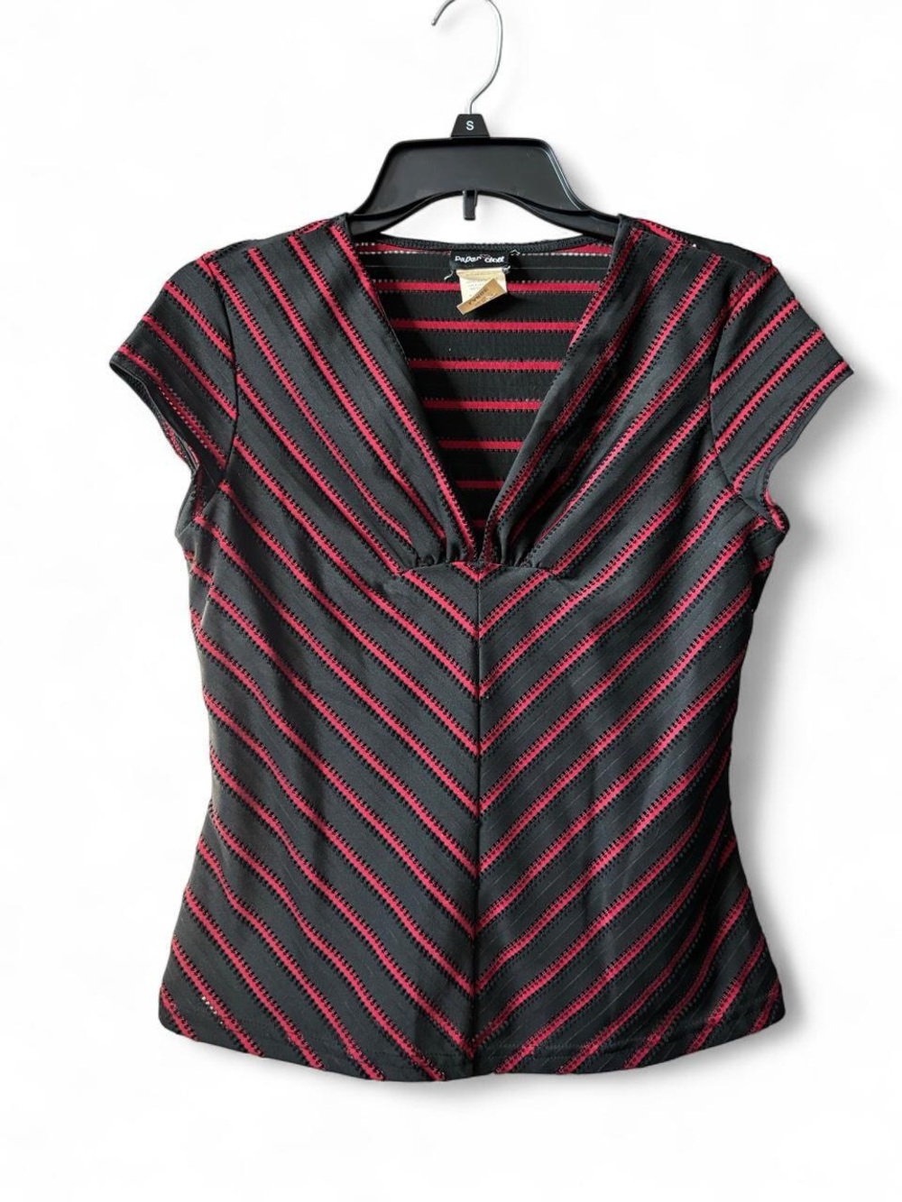 Vintage 90’s  Black & Pink Striped Women’s V-Neck Cap Sleeve Top